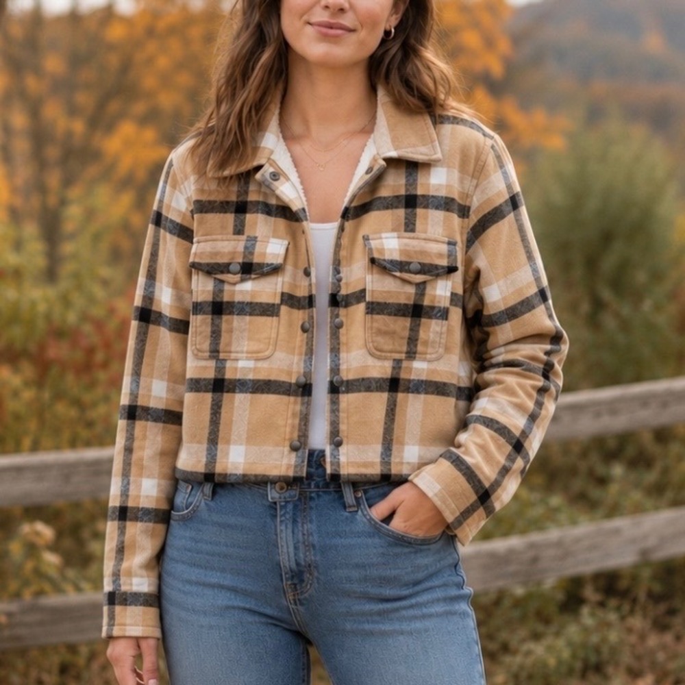 NEW Lucky Brand Tan Plaid Sherpa Lined Cropped Shacket Sz S Utility Hiking Boho